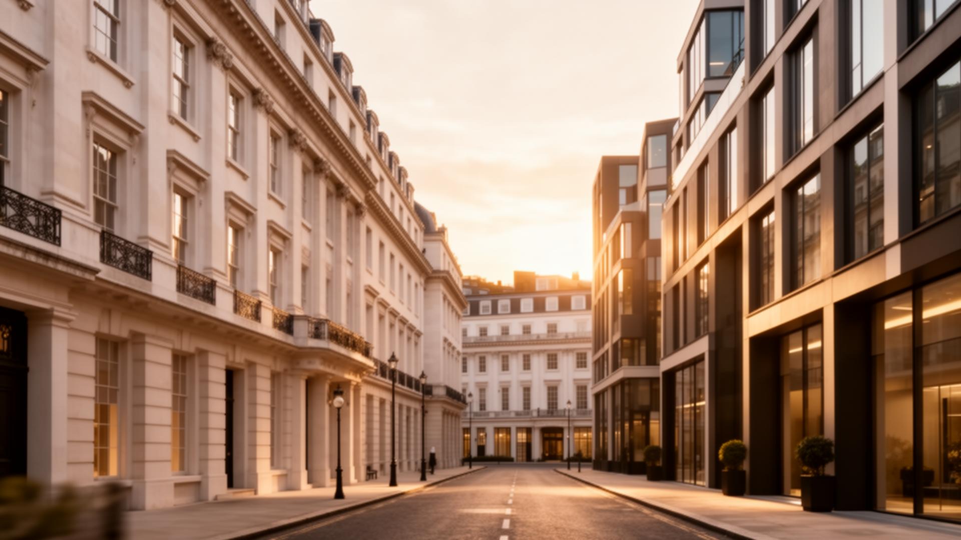 Modern residential street at golden hour